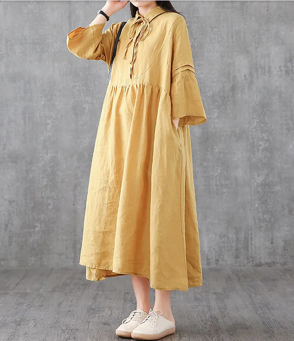 Long Sleeve Summer Spring Cotton Linen Women loose Dresses DZA05254