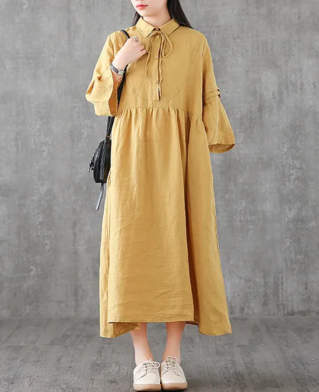 Long Sleeve Summer Spring Cotton Linen Women loose Dresses DZA05254