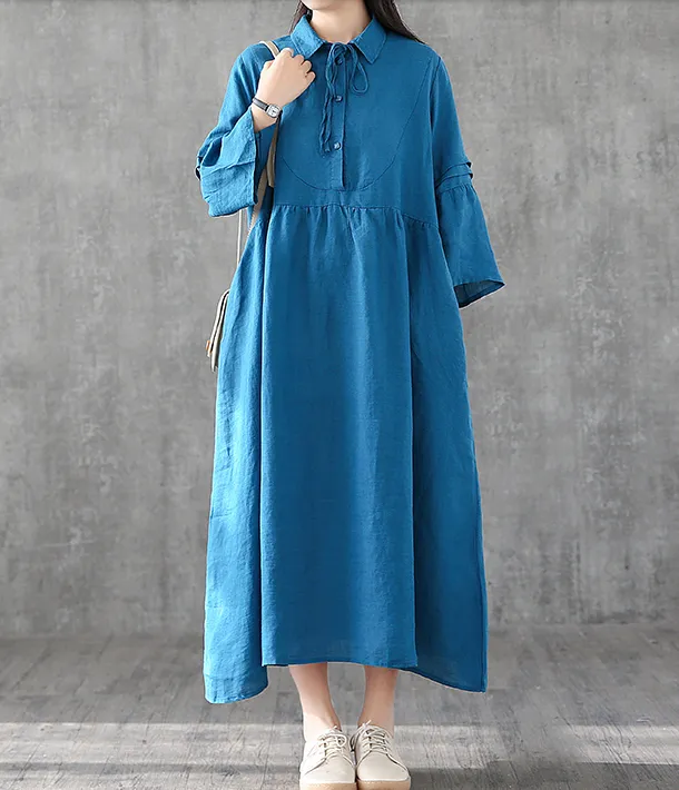 Long Sleeve Summer Spring Cotton Linen Women loose Dresses DZA05254