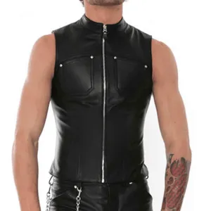 Mens Black Leather Biker Vest