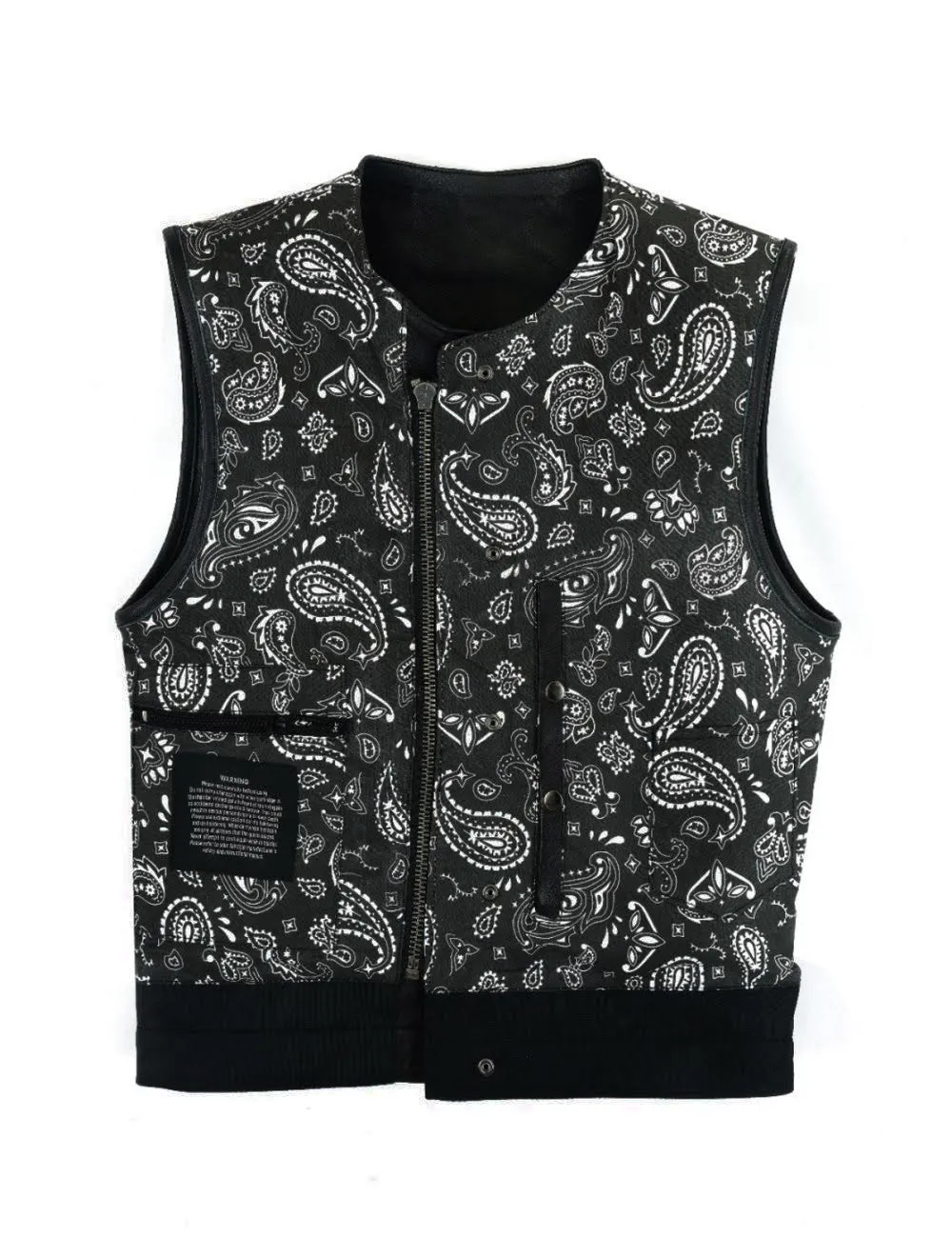 Mens No Collar Club Vest Black Paisley Liner, Front Zipper, Concealed Carry Pockets