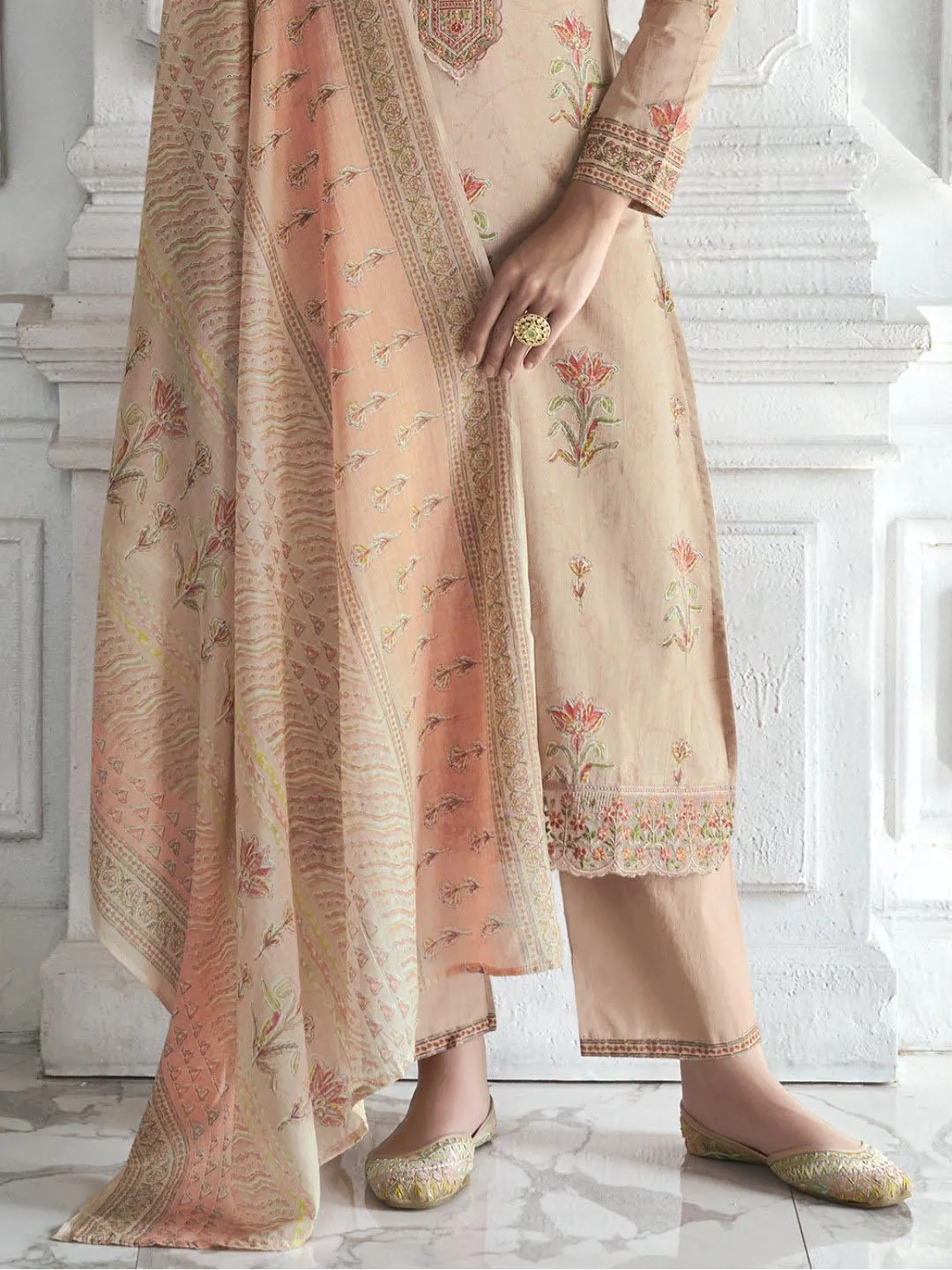 Mumtaz Arts Cotton Embroidered Unstitched Suit Set Peach