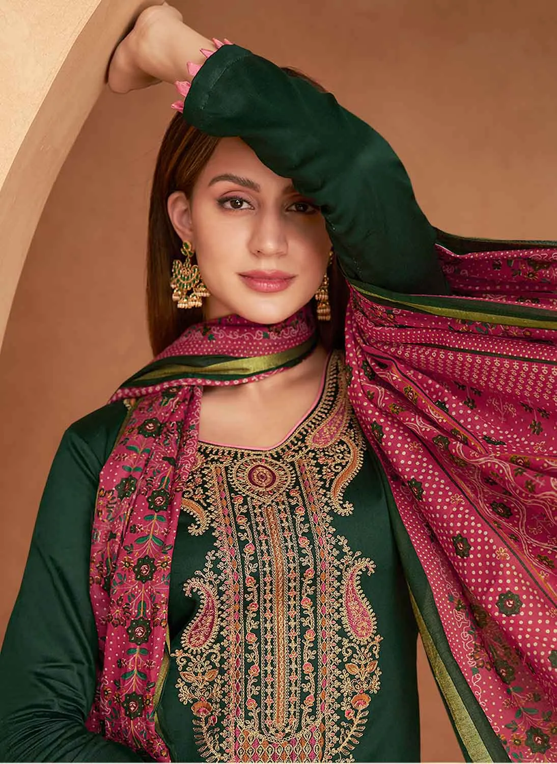 Mumtaz Arts Green Unstitched Pure Cotton Satin Suit Dress Material