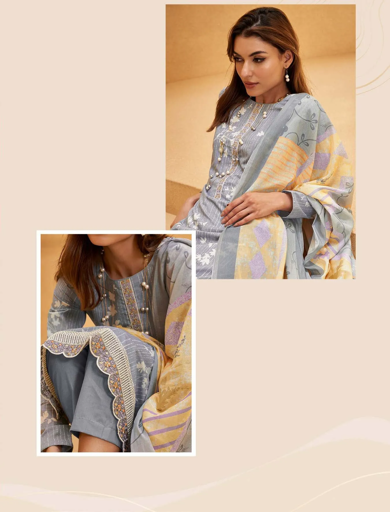 Mumtaz Arts Unstitched Women Lawn Cotton Salwar Suit Set Grey