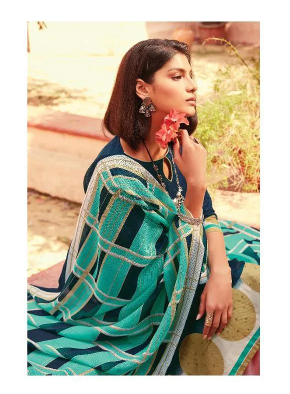 Pakistani Lawn Cotton Dark Blue Unstitched Suit Dress Material for Women