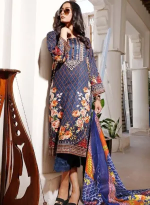 Pakistani Style Unstitched Blue Lawn Cotton Suit Material