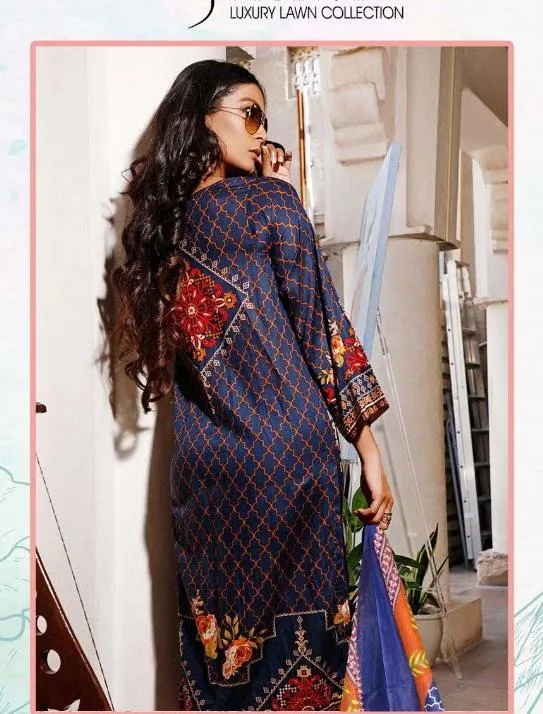 Pakistani Style Unstitched Blue Lawn Cotton Suit Material