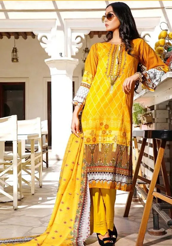 Pakistani Style Unstitched Yellow Lawn Cotton Suit Material