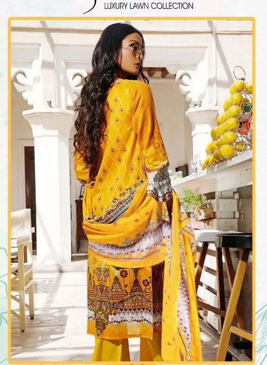 Pakistani Style Unstitched Yellow Lawn Cotton Suit Material