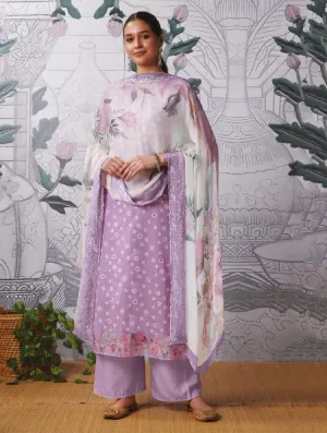 Party Wear Pure Cotton Lawn Unstitched Women Suits Fabric Purple