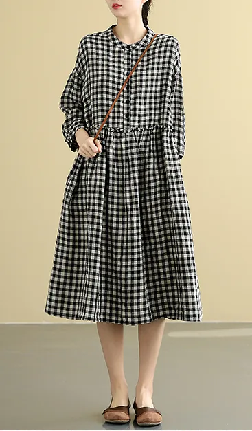 plaid  Summer  Linen Spring Women loose and comfortable Dresses DZA05094