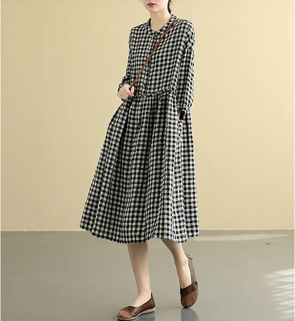 plaid  Summer  Linen Spring Women loose and comfortable Dresses DZA05094