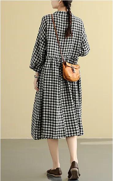 plaid  Summer  Linen Spring Women loose and comfortable Dresses DZA05094