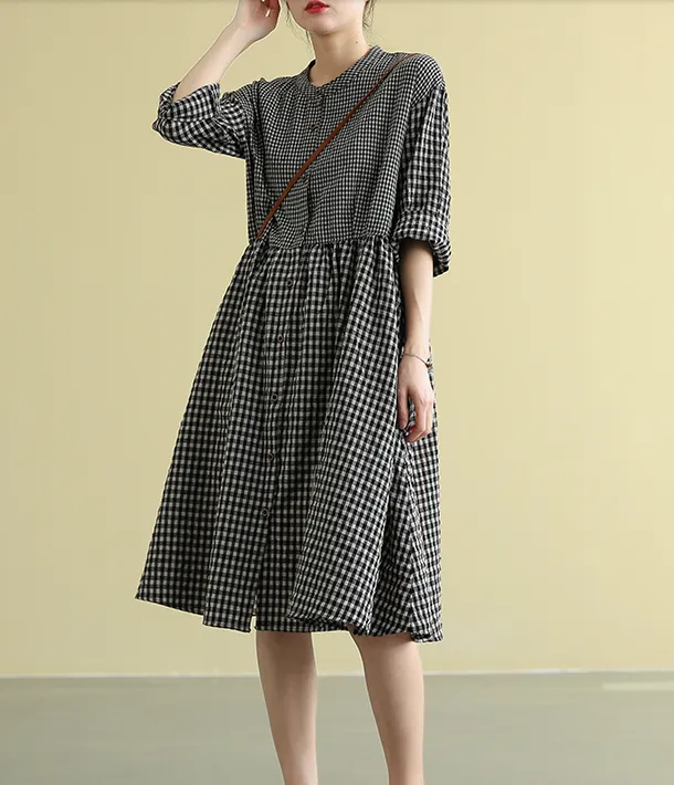 Plaid Summer  Spring Cotton Linen Women loose Dresses DZA05192