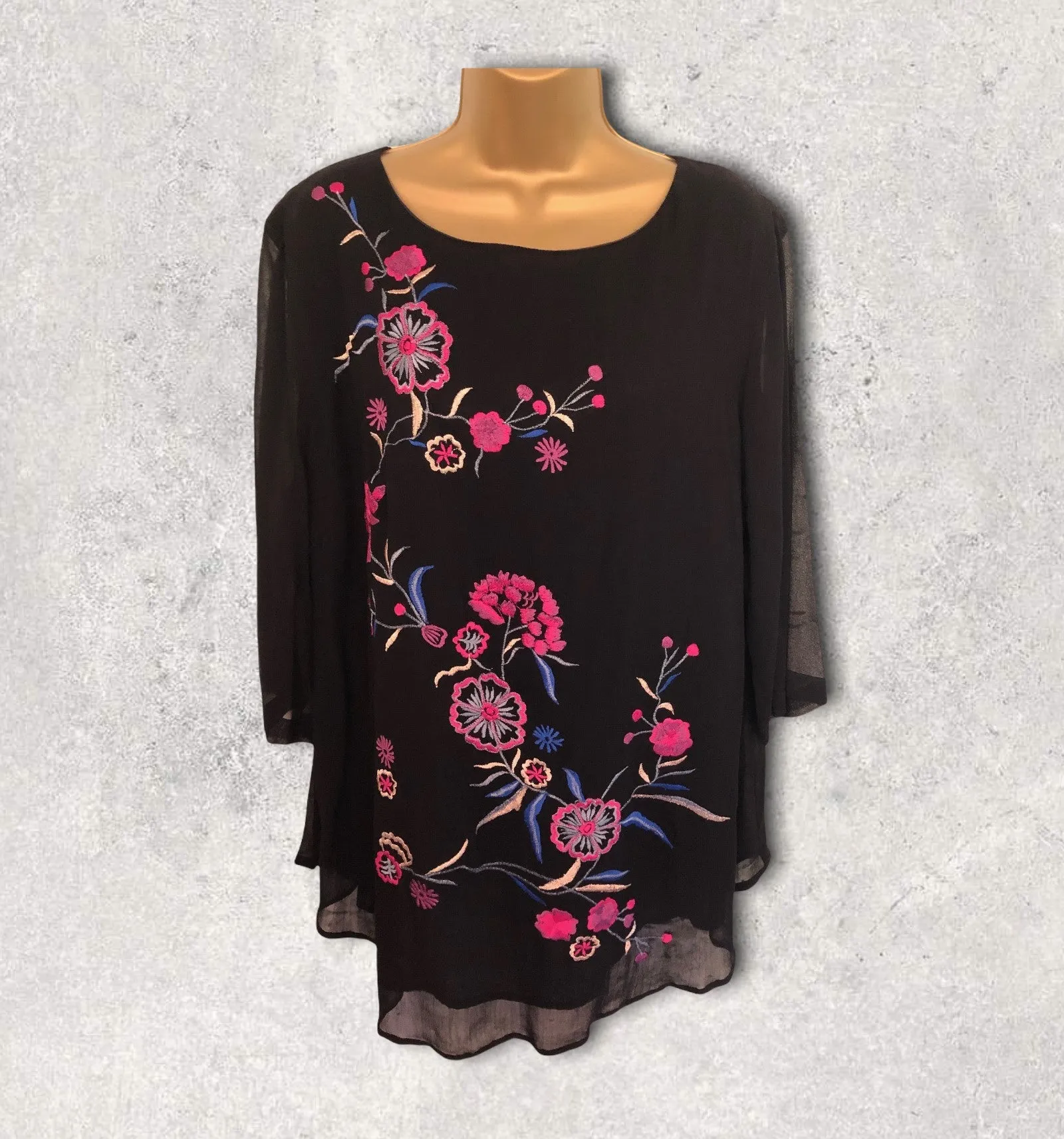 Pomodoro Black Chiffon Embroidered Floral Top  UK 18  US 14 EU 46 RRP £59.95