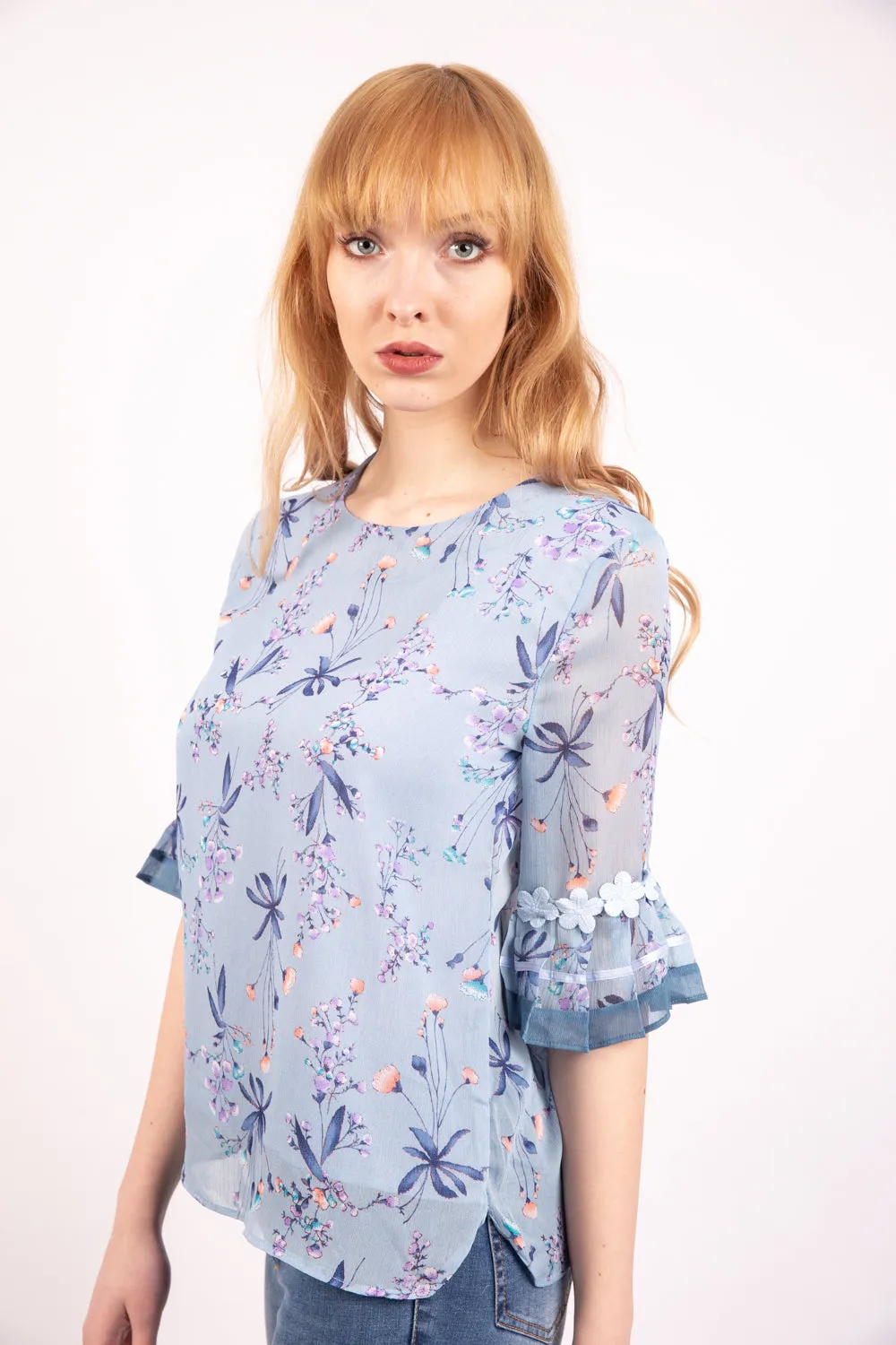 Powder Blue Floral Print Chiffon Floaty Sleeve Top