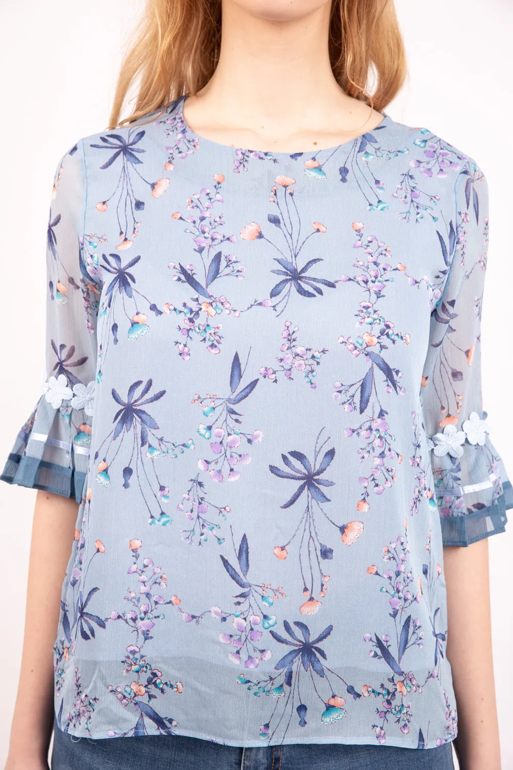 Powder Blue Floral Print Chiffon Floaty Sleeve Top