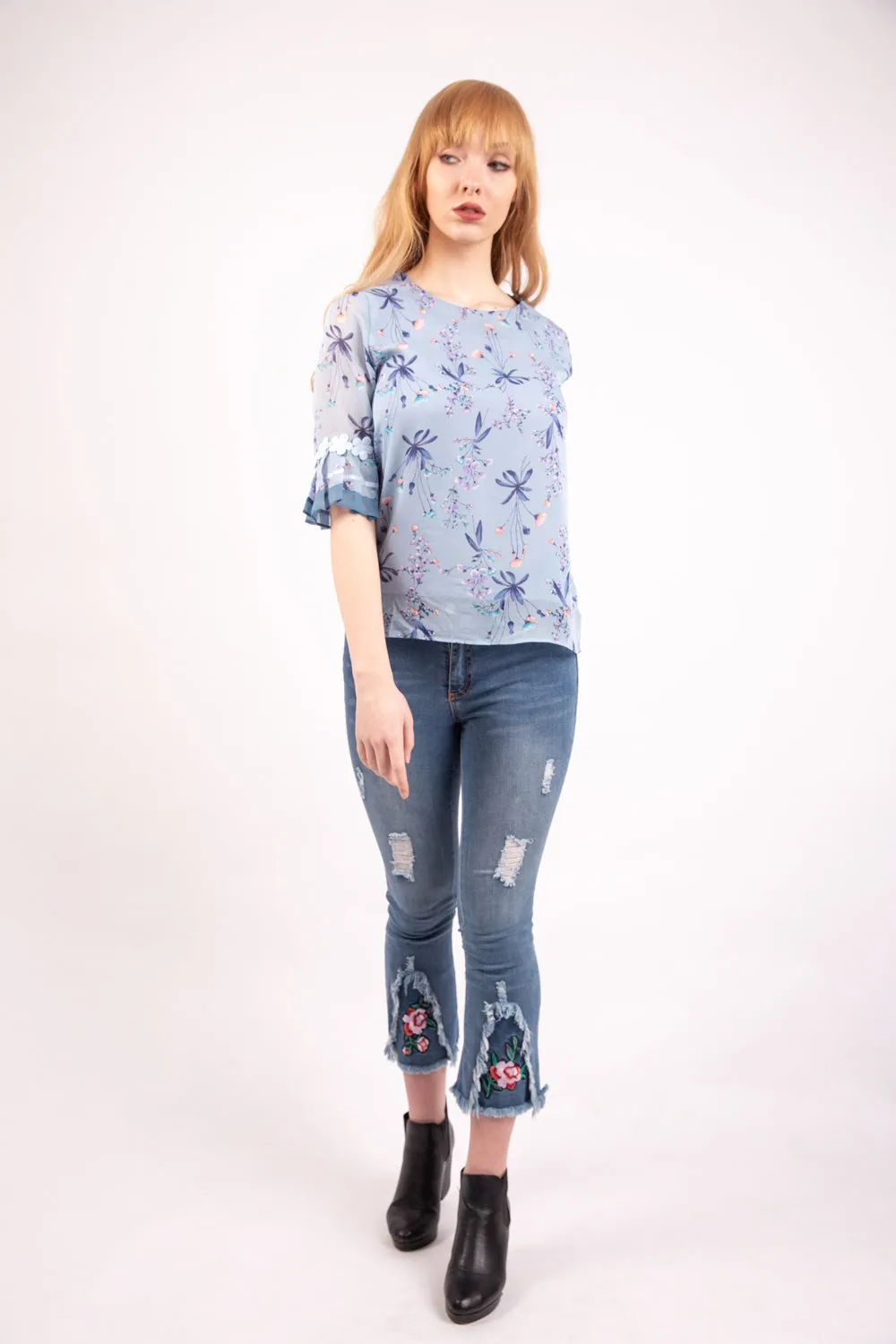 Powder Blue Floral Print Chiffon Floaty Sleeve Top