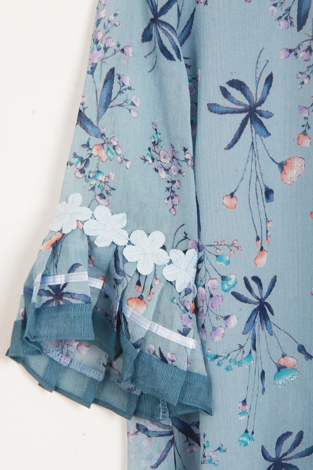 Powder Blue Floral Print Chiffon Floaty Sleeve Top