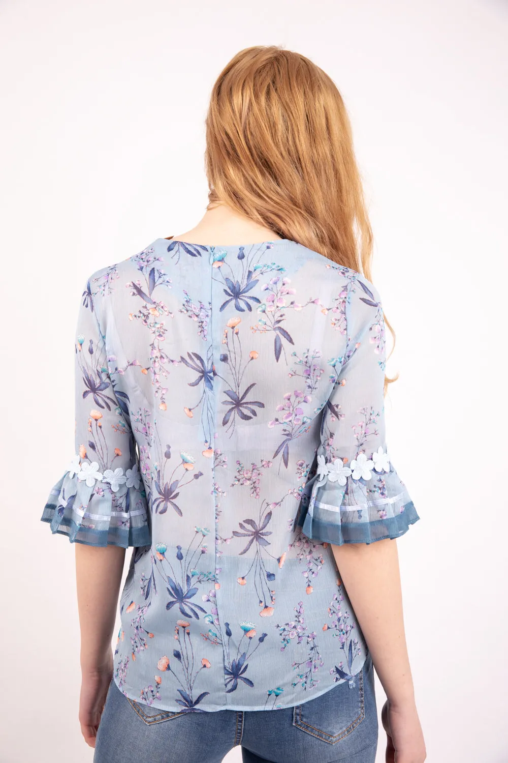 Powder Blue Floral Print Chiffon Floaty Sleeve Top