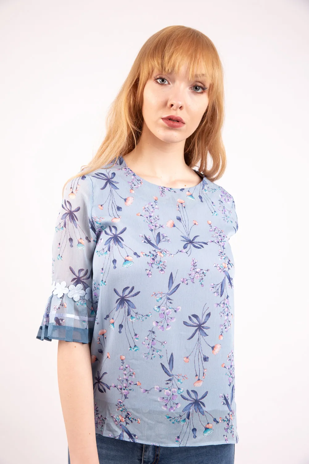 Powder Blue Floral Print Chiffon Floaty Sleeve Top