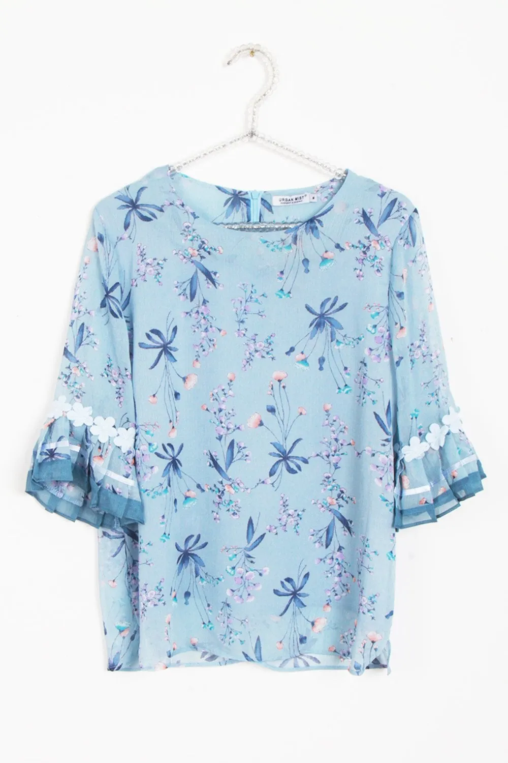 Powder Blue Floral Print Chiffon Floaty Sleeve Top