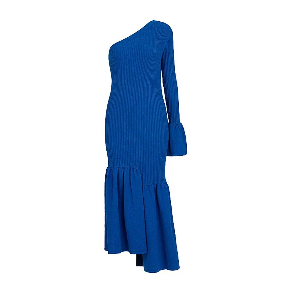 Pre Order:  Blue Ribbed One Shoulder Dress