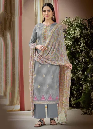 Pure Cotton Printed Grey Unstitched Salwar Suit Material