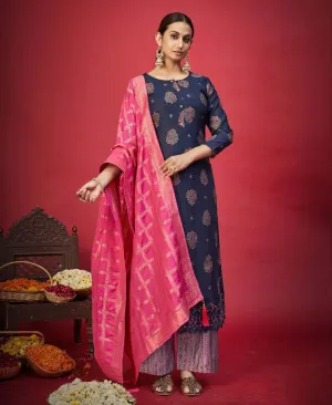 Pure Cotton Silk Blue Unstitched Dress Material With Banarasi Dupatta