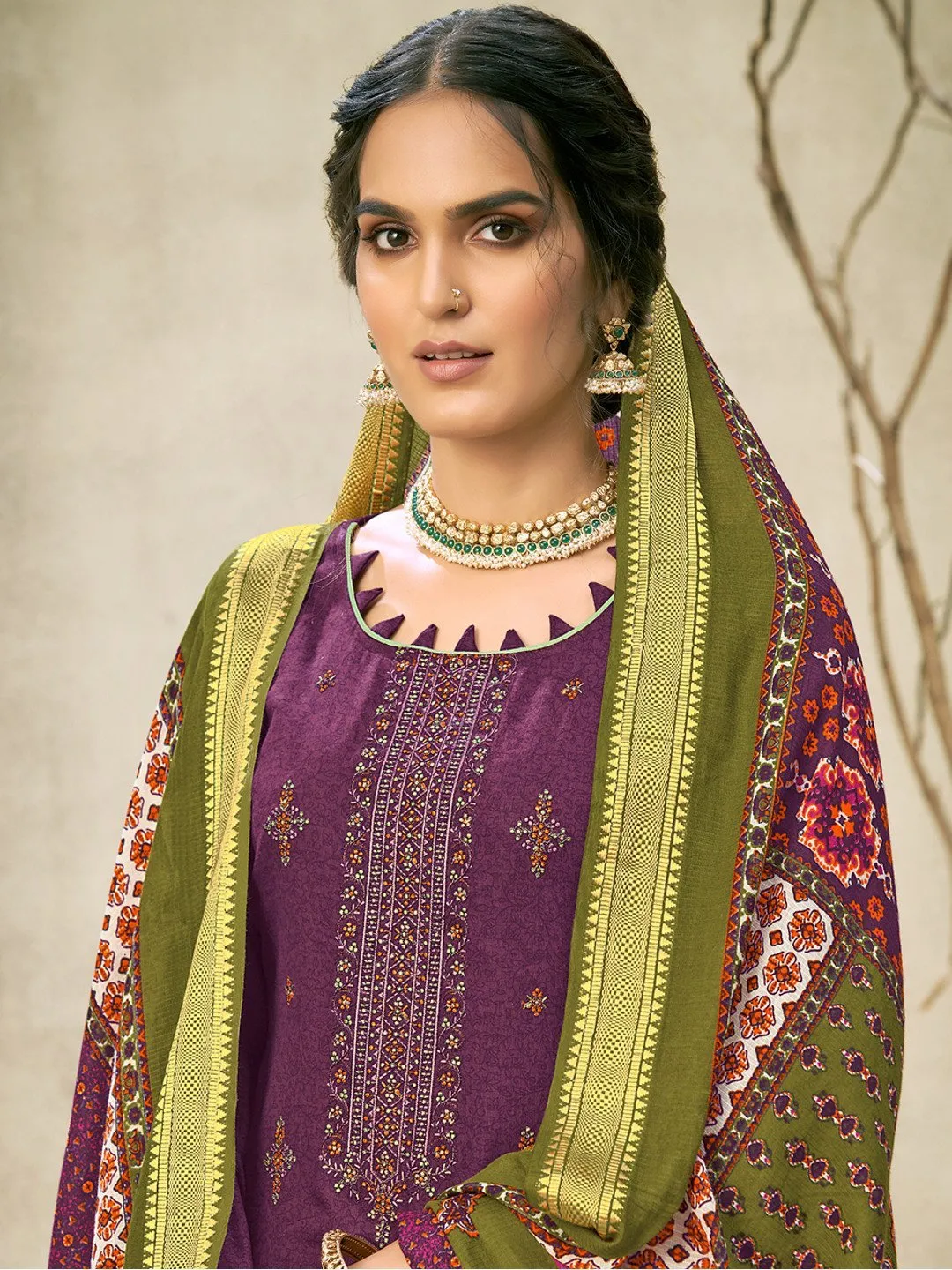 Purple Embroidered Unstitched Cotton Salwar Suit Material