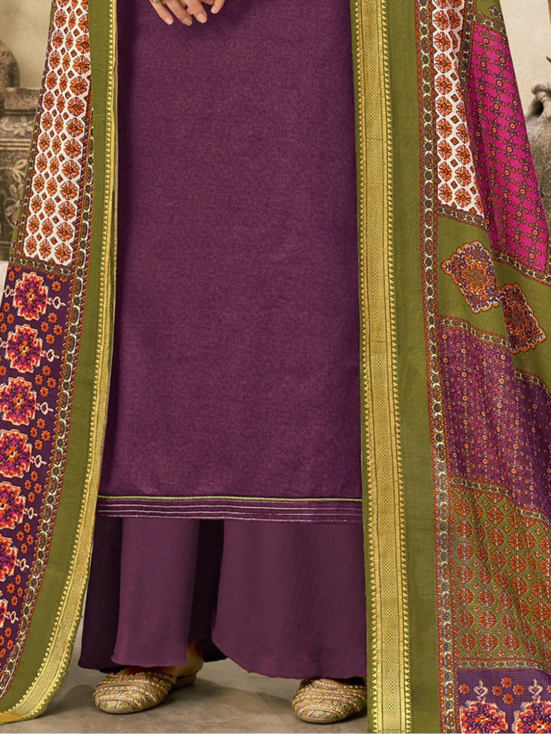 Purple Embroidered Unstitched Cotton Salwar Suit Material