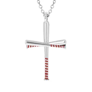 Red Enameled Gripped Baseball Bat Cross Necklace | Sterling Silver