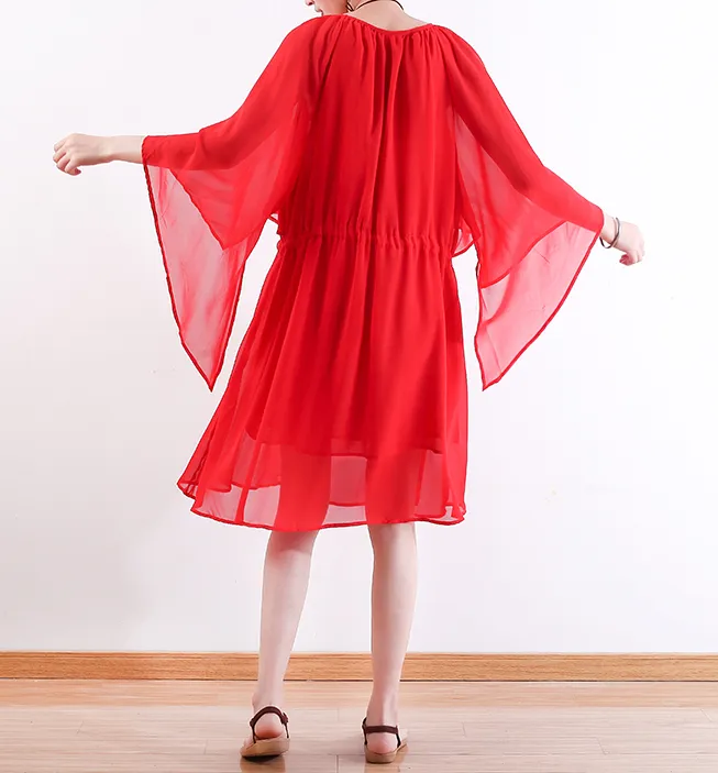 Red Long Chiffon Women Wide Sleeve Spring Dresses AMT962328