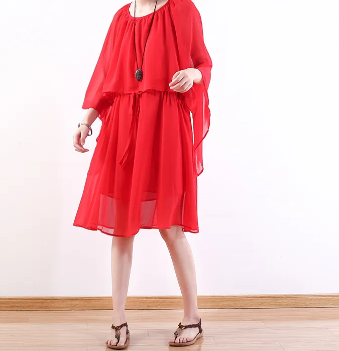 Red Long Chiffon Women Wide Sleeve Spring Dresses AMT962328