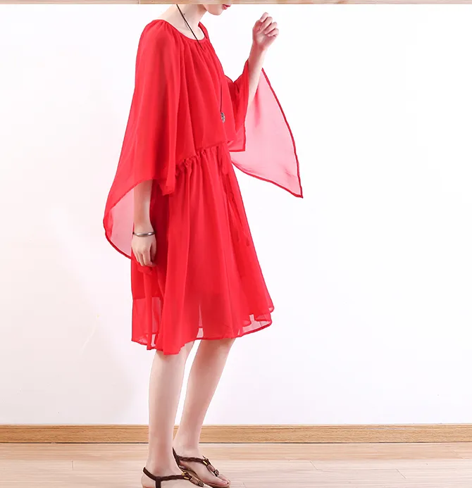 Red Long Chiffon Women Wide Sleeve Spring Dresses AMT962328