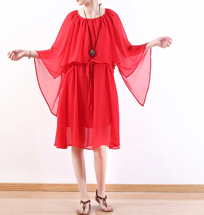 Red Long Chiffon Women Wide Sleeve Spring Dresses AMT962328