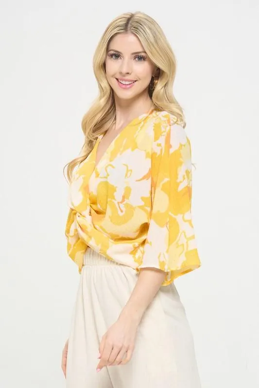 Renee C Yellow Front Twist Floral Top