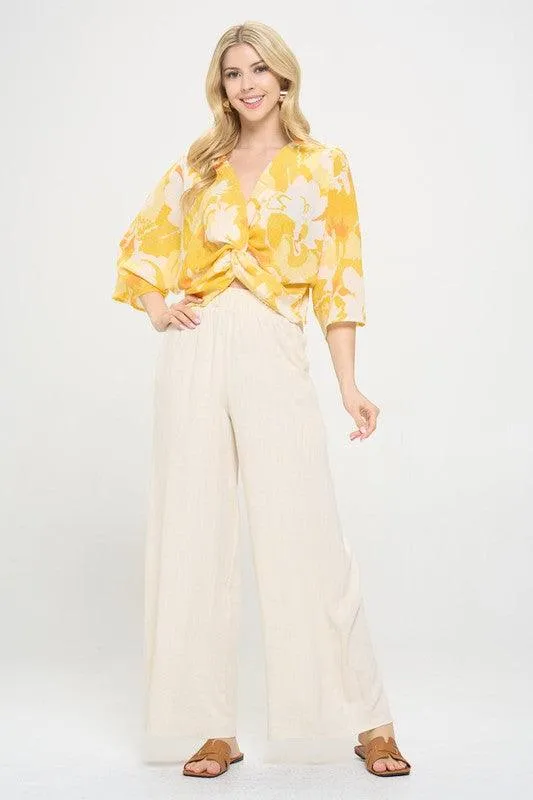 Renee C Yellow Front Twist Floral Top