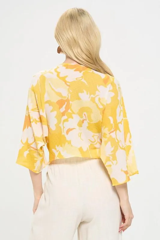 Renee C Yellow Front Twist Floral Top