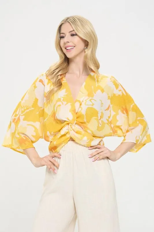 Renee C Yellow Front Twist Floral Top