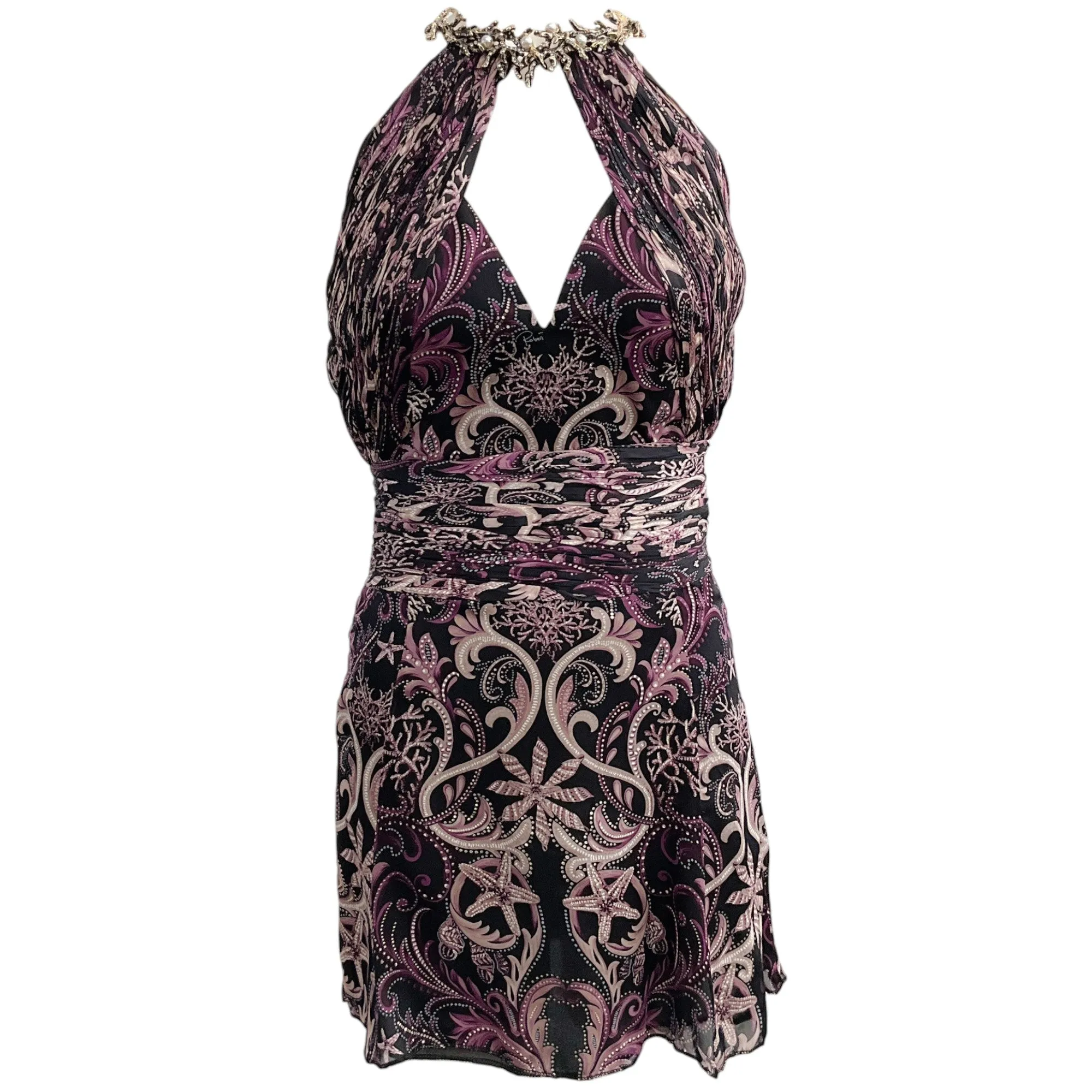 Roberto Cavalli Black / Purple Print Silk Halter Dress