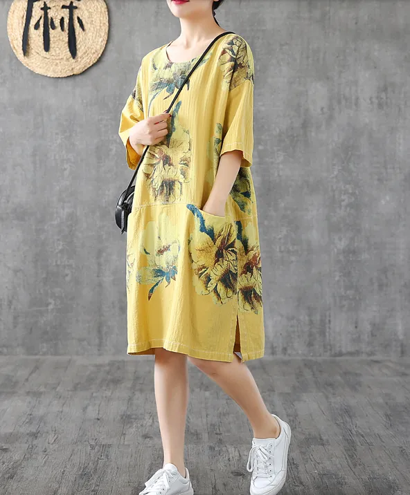 Side Slit Floral Short Sleeve Print Floral Summer Spring Cotton Linen Women Dresses DZA20664