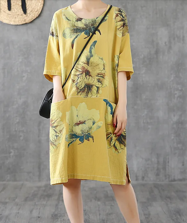 Side Slit Floral Short Sleeve Print Floral Summer Spring Cotton Linen Women Dresses DZA20664