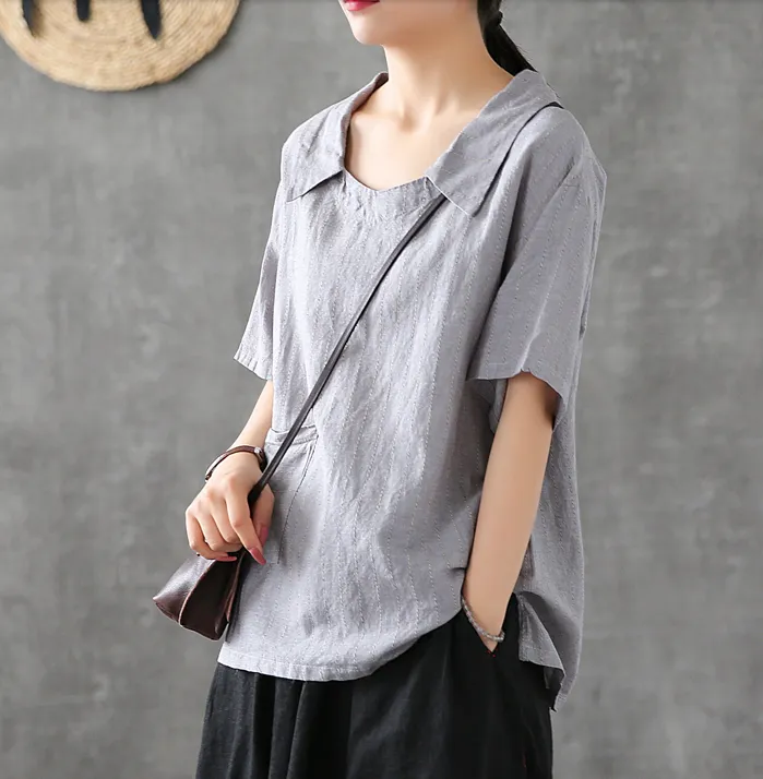 Striped Summer Women Casual Blouse Cotton Shirts Tops DZA2007205