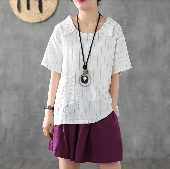 Striped Summer Women Casual Blouse Cotton Shirts Tops DZA2007205