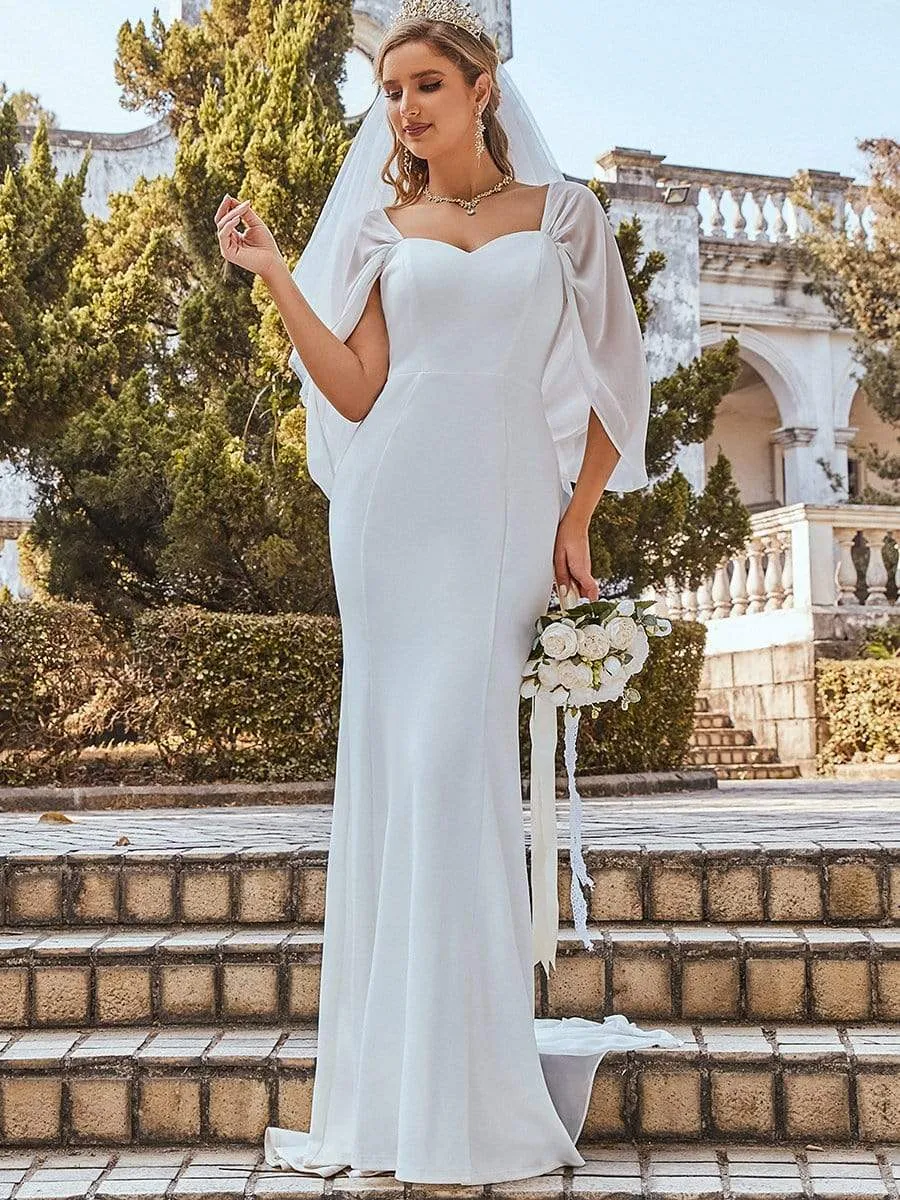 Swag-sleeves V Neck Floor Length Fishtail Wedding Dress