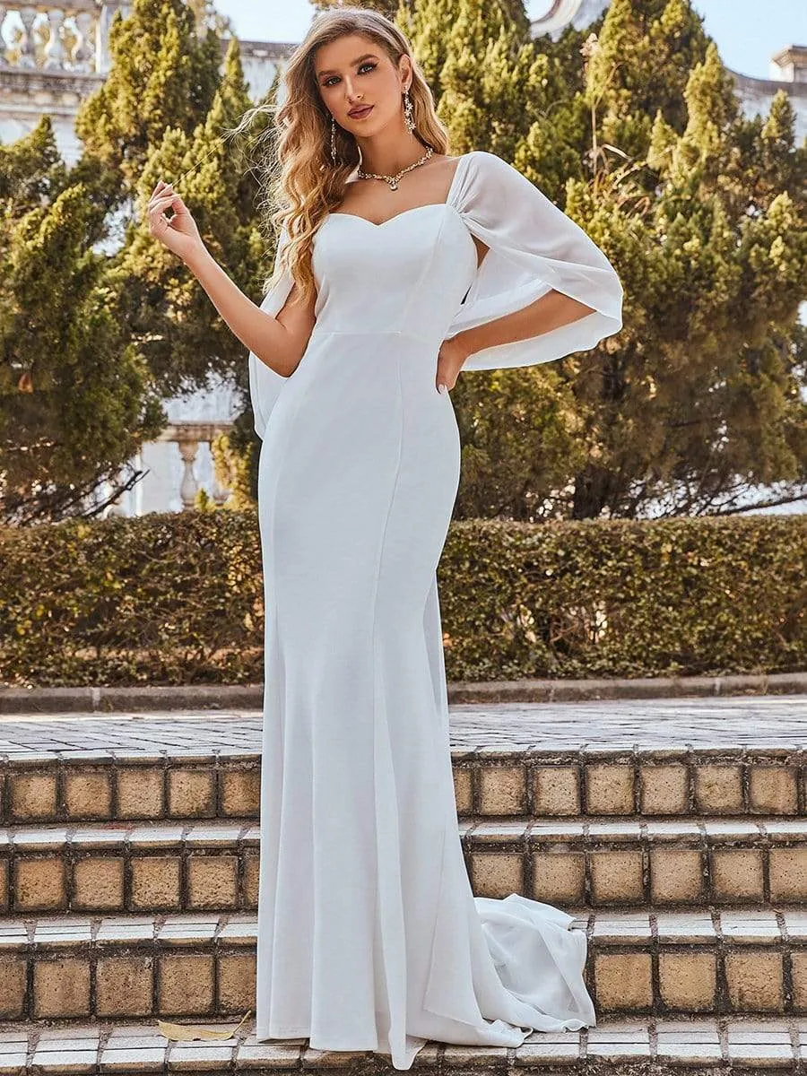 Swag-sleeves V Neck Floor Length Fishtail Wedding Dress