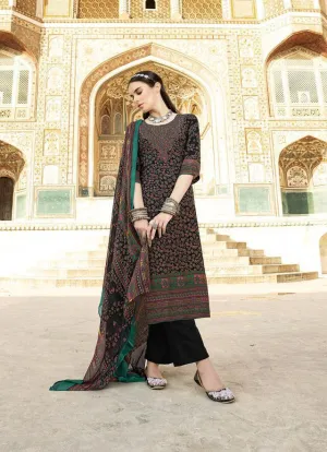 Unstiched Black Kani Style Print Suits with Chiffon Duppata