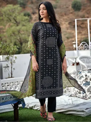 Unstitched Black Printed Cotton Salwar Suit Dress Material for Women