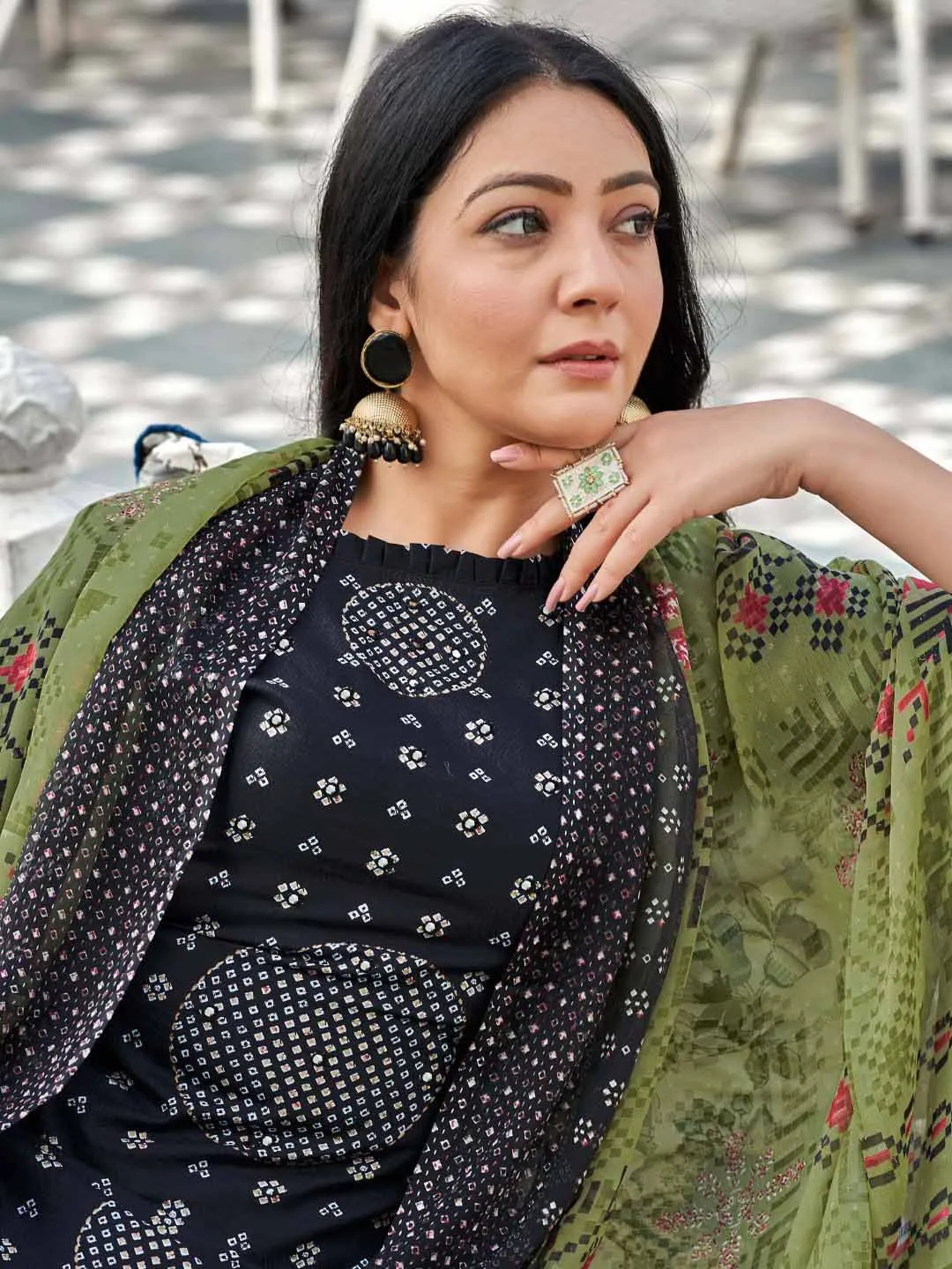 Unstitched Black Printed Cotton Salwar Suit Dress Material for Women